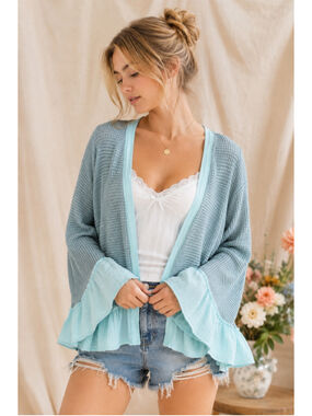 POL Boutique Cotton Waffle Knit Ruffle Open Front Cardigan Blue Small Boho